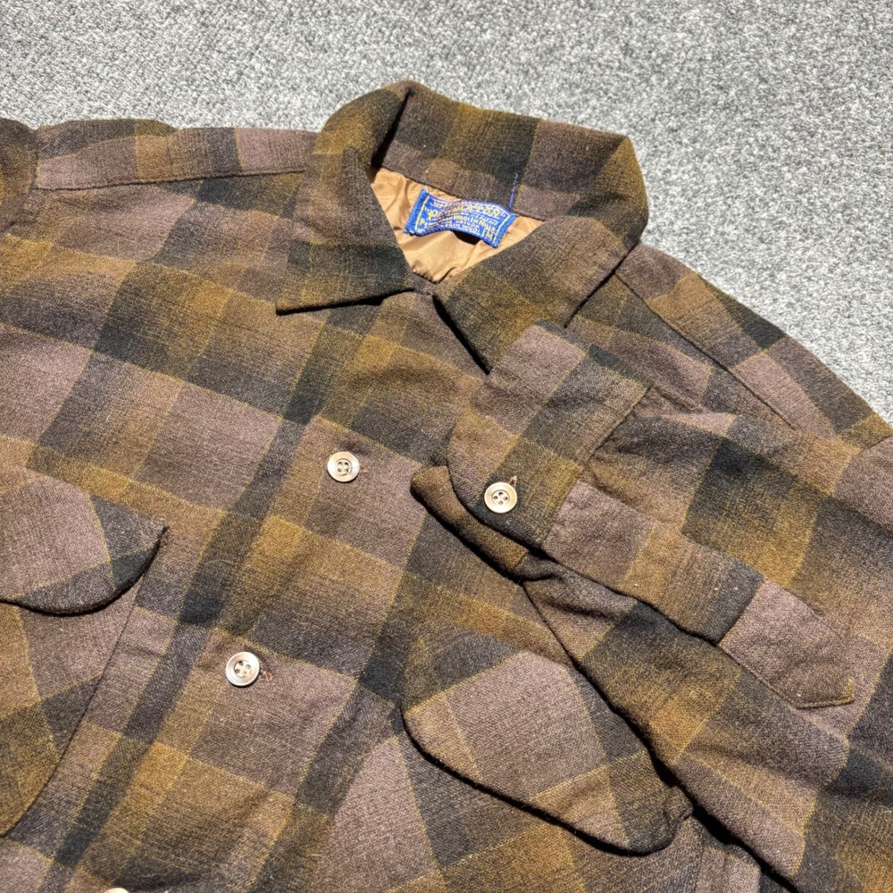 Vintage Pendleton Wool Board Shirt Brown Plaid Flannel Mens Medium